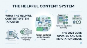 Infographic on the helpful content system, detailing what the helpful content system targeted (keyword brief targeting and person-centered content quality) alongside the 2024 core updates and site reputation abuse (news site reputation authority)