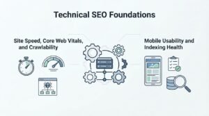 Infographic on technical SEO foundations, detailing site speed, Core Web Vitals, and crawlability, as well as mobile usability and indexing health.