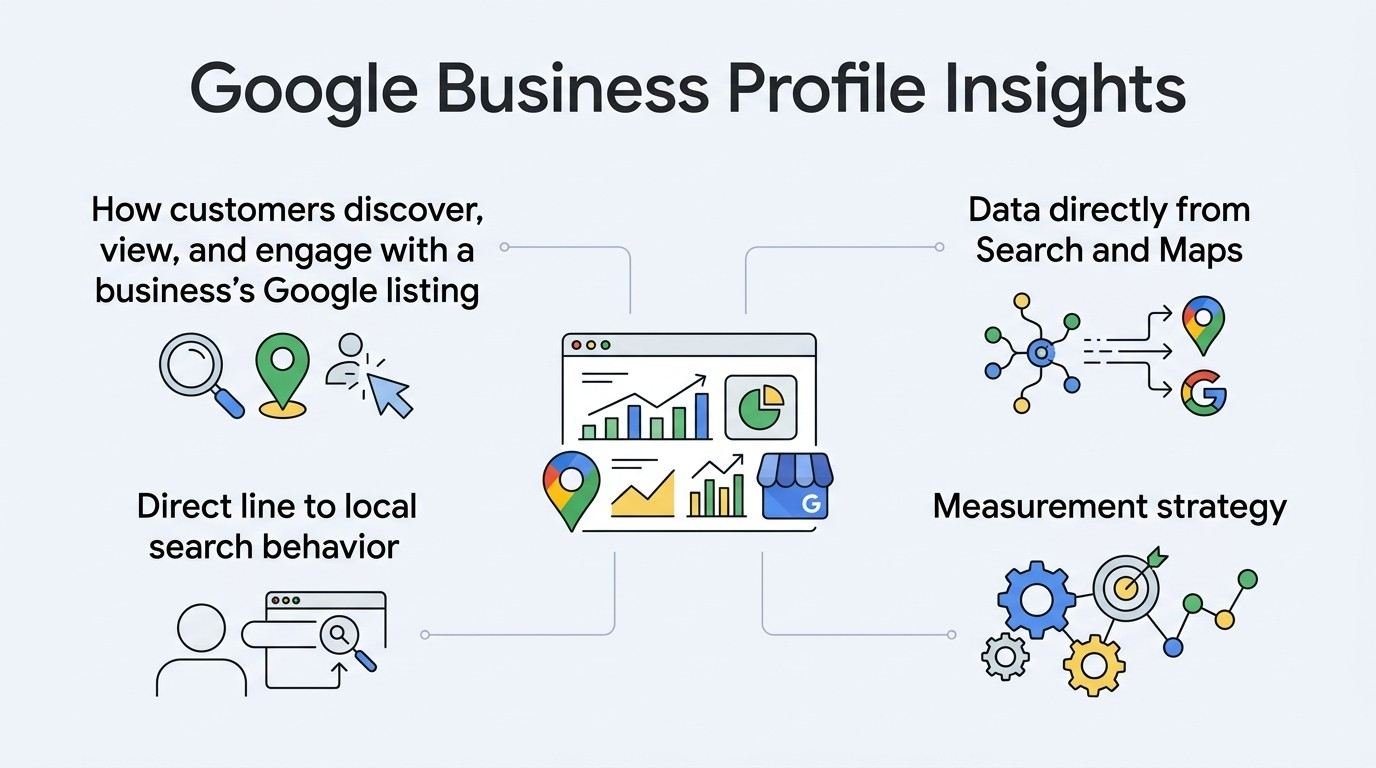 Infographic on Google Business Profile insights, detailing how customers discover, view, and engage with a business's Google listing, data directly from Search and Maps, a direct line to local search behavior, and a measurement strategy.