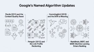Infographic on Google's named algorithm updates, detailing Panda (2011) and the content quality reset, Penguin (2012) and the link profile reckoning, Hummingbird (2013) and the shift to meaning, and RankBrain, BERT, and MUM as machine learning enters ranking