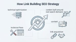 Infographic on how link building integrates into an SEO strategy, detailing technical optimization, technical fixes, content built around real search demand, content creation, and link acquisition.