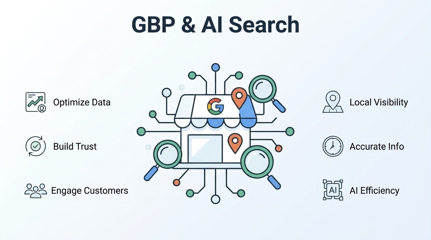 Infographic titled 'GBP & AI Search' illustrating six key components: optimize data, build trust, engage customers on the left, and local visibility, accurate info, and AI efficiency on the right surrounding a central storefront icon with digital connections.