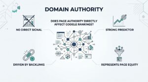 B2B technical educational infographic titled 'DOMAIN AUTHORITY' examining whether page authority directly affects Google rankings, highlighting that it is no direct signal, serves as a strong predictor, is driven by backlinks, and represents page equity around a central network node hub
