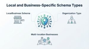 Infographic on local and business-specific schema types, detailing LocalBusiness schema, organization type, and multi-location businesses.