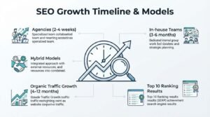 Infographic on SEO growth timeline and models, detailing agencies (2-4 weeks), in-house teams (3-6 months), hybrid models, organic traffic growth (4-12 months), and top 10 ranking results achievement