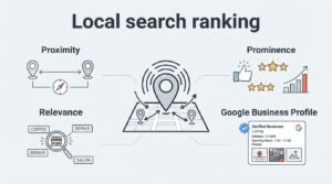 B2B educational infographic titled 'Local search ranking' detailing four primary local SEO signals-Proximity, Prominence, Relevance, and Google Business Profile-around a central 3D street grid map and geo-pin radar mechanism