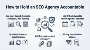 Infographic on how to hold an SEO agency accountable, detailing client ownership of Search Console and Analytics, quarterly forecast recalibration, full link and content inventories, monthly deliverable reviews, and a 30-day termination clause