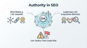 B2B technical educational infographic titled 'Authority in SEO' detailing link evaluation principles-What Makes a Link Valuable, Legitimate Link Acquisition Methods, and Link Tactics That Create Risk-centered around a 'DA' circular badge embedded in a faceted geometric node network with upward growth arrows