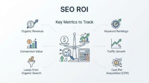 B2B educational infographic titled 'SEO ROI' mapping out key metrics to track across revenue, conversion value, organic leads, rankings, traffic, and CPA around a central balance scale