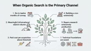 B2B strategic marketing infographic titled 'When Organic Search is the Primary Channel' organizing six core enterprise business criteria around a central growing tree with deep roots, detailing runway, search volume, paid acquisition cost thresholds, compounding authority, buyer research cycles, and sound technical foundations