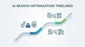 Infographic on AI search optimization timelines, detailing multi-stage implementation tracks, foundational setup phases, and progressive generative search growth milestones.