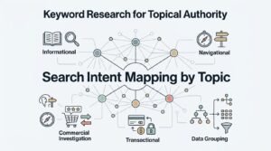 B2B technical educational infographic titled 'Keyword Research for Topical Authority' detailing search intent mapping by topic across informational, navigational, commercial investigation, transactional, and data grouping categories around a central interconnected semantic node network