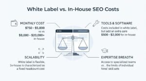 Educational financial comparison infographic titled 'White Label vs. In-House SEO Costs' centered on a balanced legal scale framed within a browser interface window, comparing four operational dimensions: monthly cost ($750 - $5,000 white label vs. $8,000 - $20,000+ in-house), tools and software overhead, scalability, and expertise breadth