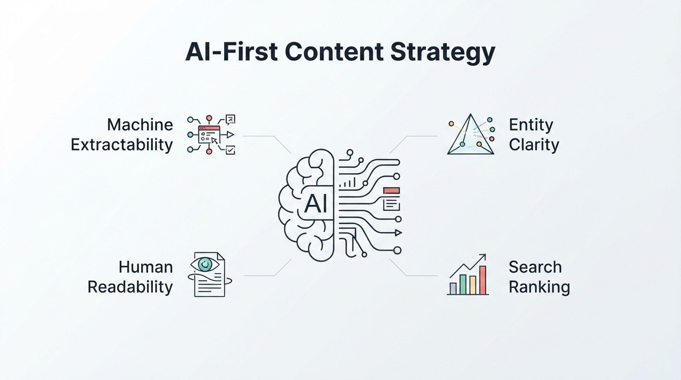 Infographic on AI-first content strategy, detailing machine extractability, entity clarity, human readability, and search ranking.