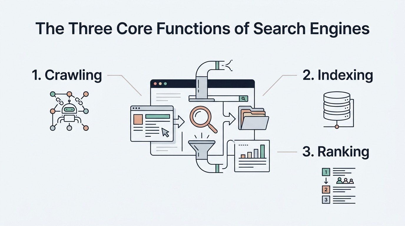 B2B educational infographic titled 'The Three Core Functions of Search Engines' detailing Crawling, Indexing, and Ranking