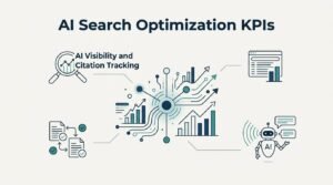 Infographic on AI search optimization KPIs, detailing AI visibility and citation tracking, data verification metrics, performance reporting charts, and AI assistant interaction monitoring.