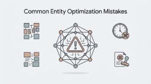 Infographic on common entity optimization mistakes, detailing network maps with warning indicators, data structures, time-management icons, and rejected documentation stamps.