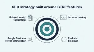 B2B strategic infographic titled 'SEO strategy built around SERP features' organizing four execution pillars—Snippet-ready formatting, Schema markup, Google Business Profile optimization, and Realistic timelines—around a concentric bullseye target with a bullseye arrow strike
