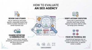 Educational procurement infographic titled 'How to Evaluate an SEO Agency' centered on an inspection magnifying glass and robotic arm auditing modular interface cards, detailing four core vetting criteria: reviewing case studies, examining reporting and communication, verifying account execution staffing, and focusing on technical SEO competence