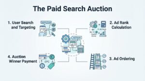 B2B educational infographic titled 'The Paid Search Auction' detailing a four-stage PPC bidding cycle-1. User Search and Targeting, 2. Ad Rank Calculation, 3. Ad Ordering, and 4. Auction Winner Payment-surrounding a central desktop monitor and Ad Rank calculator mechanism