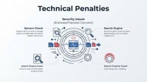 Infographic titled 'Technical Penalties' illustrating security issues involving malware and hacked content, server checks, and search engine crawl analytics surrounding a central server monitoring icon.