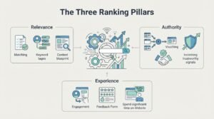 B2B corporate infographic titled 'The Three Ranking Pillars' breaking down Relevance, Authority, and Experience around a central search bar and growth engine