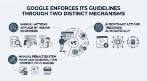 Infographic explaining how Google enforces guidelines through manual actions by human reviewers versus automatic algorithmic actions, including manual penalties for link schemes, thin content, and cloaking