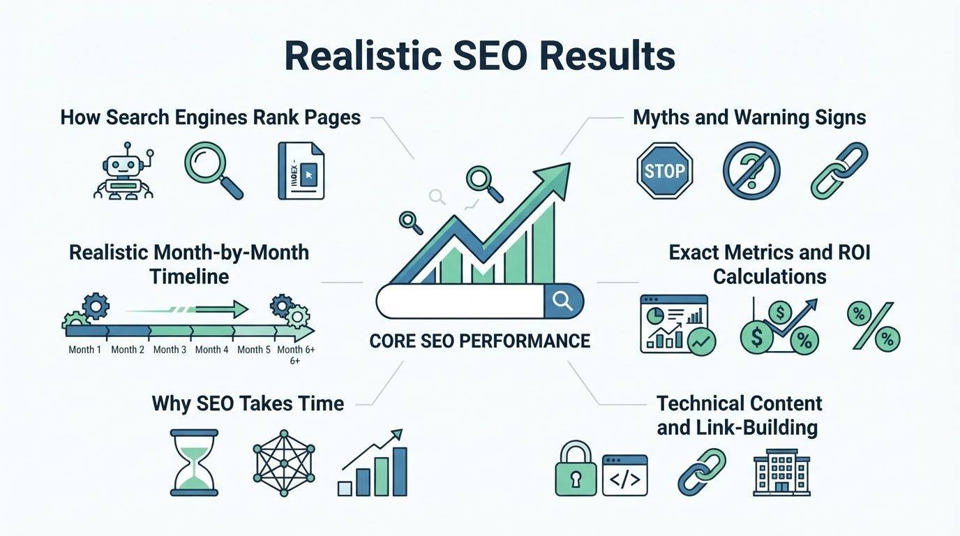 Infographic on realistic SEO results, detailing how search engines rank pages, realistic month-by-month timeline, why SEO takes time, myths and warning signs, exact metrics and ROI calculations, and technical content and link-building.