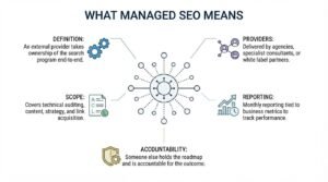 Educational infographic titled 'What Managed SEO Means' centered around a radial node network hub, defining the end-to-end outsourced service model across five core pillars: service definition, typical providers, scope of work, performance reporting, and vendor accountability