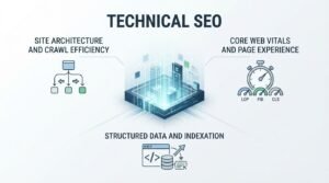 Educational B2B procurement infographic titled 'TECHNICAL SEO' centered on an isometric digital server platform with holographic data blocks, outlining three core infrastructure pillars: Site Architecture and Crawl Efficiency, Core Web Vitals and Page Experience, and Structured Data and Indexation