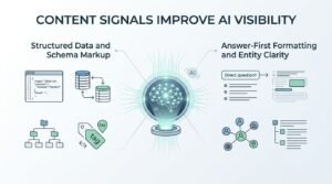 Infographic on content signals improve AI visibility, detailing structured data and schema markup, and answer-first formatting and entity clarity.