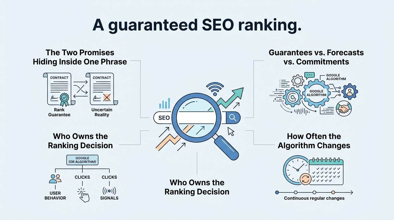 B2B technical educational infographic titled 'A guaranteed SEO ranking.' detailing the illusion of rank guarantees, the realities of Google algorithm ownership, and the frequency of continuous algorithm updates around a central magnifying glass and SEO metric core
