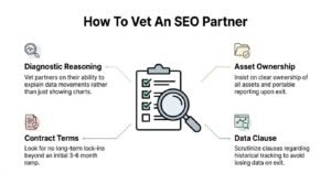 Educational B2B procurement infographic titled 'How To Vet An SEO Partner' centered on an inspection magnifying glass examining a checklist clipboard, detailing four due-diligence criteria: Diagnostic Reasoning, Asset Ownership, Contract Terms, and Data Clauses