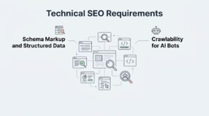 Infographic on technical SEO requirements, detailing schema markup and structured data, and crawlability for AI bots.