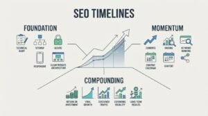 B2B educational infographic titled 'SEO TIMELINES' illustrating the three progressive stages of search growth-Foundation, Momentum, and Compounding-along an ascending trajectory curve