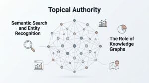 B2B technical educational infographic titled 'Topical Authority' detailing semantic search and entity recognition on the left and the role of knowledge graphs on the right, centered around a complex interconnected semantic node network