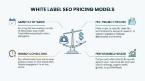 Educational comparison infographic titled 'White Label SEO Pricing Models' centered on a mechanical balance scale weighing an operational gear on the left against a currency dollar sign on the right, contrasting four core fee structures: monthly retainers, per-project pricing, hourly consulting, and performance-based compensation