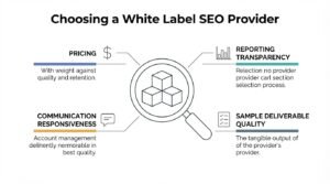 Educational B2B procurement infographic titled 'Choosing a White Label SEO Provider' centered on an inspection magnifying glass examining three stacked 3D cubes, breaking down four partner selection criteria: pricing, reporting transparency, communication responsiveness, and sample deliverable quality
