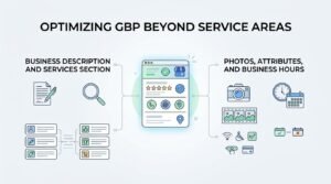 Infographic titled 'Optimizing GBP Beyond Service Areas' illustrating the business description and services section on the left, and photos, attributes, and business hours on the right around a central verified dashboard interface.