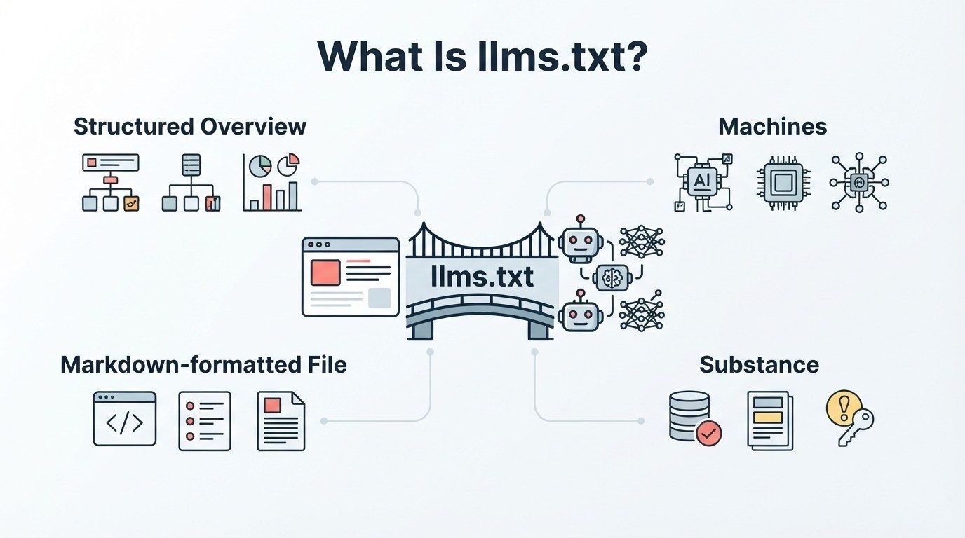 Infographic on what is llms.txt, detailing structured overview, markdown-formatted file, machines, and substance.
