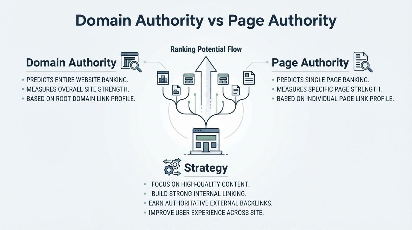 B2B technical educational infographic titled 'Domain Authority vs Page Authority' comparing domain-level ranking metrics on the left against individual page-level metrics on the right, converging into a central 'Ranking Potential Flow' pipeline with an upward growth arrow and an overarching tactical Strategy section below