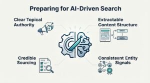Infographic on preparing for AI-driven search, detailing clear topical authority, extractable content structure, credible sourcing, and consistent entity signals