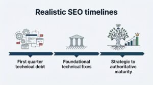 Infographic on realistic SEO timelines, detailing the progression from first-quarter technical debt and foundational technical fixes to strategic and authoritative maturity