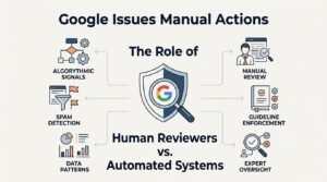 Infographic titled 'Google Issues Manual Actions' illustrating algorithmic signals, spam detection, and data patterns on the left, alongside manual review, guideline enforcement, and expert oversight on the right, surrounding a central Google shield and magnifying glass icon. 