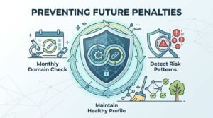 Infographic titled 'Preventing Future Penalties' illustrating a monthly domain check on the left, detecting risk patterns on the top right, and maintaining a healthy profile with a cleaning broom and link network on the bottom, surrounding a central shield icon with a continuous cycle loop and secure padlock.