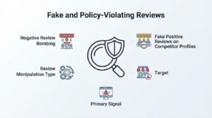 Infographic illustrating fake and policy-violating reviews, featuring categories like negative review bombing, fake positive reviews on competitor profiles, review manipulation types, targets, and primary signals centered around a security shield and magnifying glass icon.