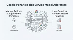 Infographic titled 'Google Penalties This Service Model Addresses' illustrating manual actions versus algorithmic penalties on the left, and link-based versus content-based penalties on the right, surrounding a central web browser interface and Google search icons.