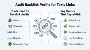 Infographic titled 'Audit Backlink Profile for Toxic Links' illustrating tools used for backlink audits on the left—covering Ahrefs, SEMrush, Moz, Majestic, and Screaming Frog-and key metrics that signal risk on the right-covering spam score, broken links, unnatural anchors, low trust flow, and toxic link score-surrounding a central backlink network and magnifying glass icon.
