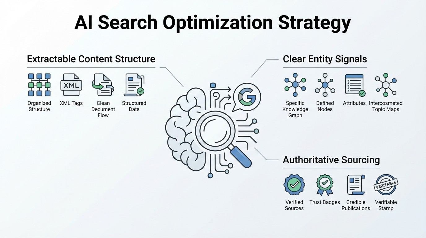 Infographic on AI search optimization strategy, detailing extractable content structure (organized structure, XML tags, clean document flow, and structured data), clear entity signals (specific knowledge graph, defined nodes, attributes, and interconnected topic maps), and authoritative sourcing (verified sources, trust badges, credible publications, and verifiable stamps)