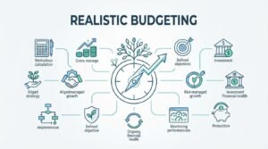 B2B corporate financial infographic titled 'REALISTIC BUDGETING' organizing twelve operational planning nodes—from calculation and strategy alignment to risk management and ongoing performance monitoring—around a central compass face with an ascending lightning-bolt growth needle and a sprouting tree canopy